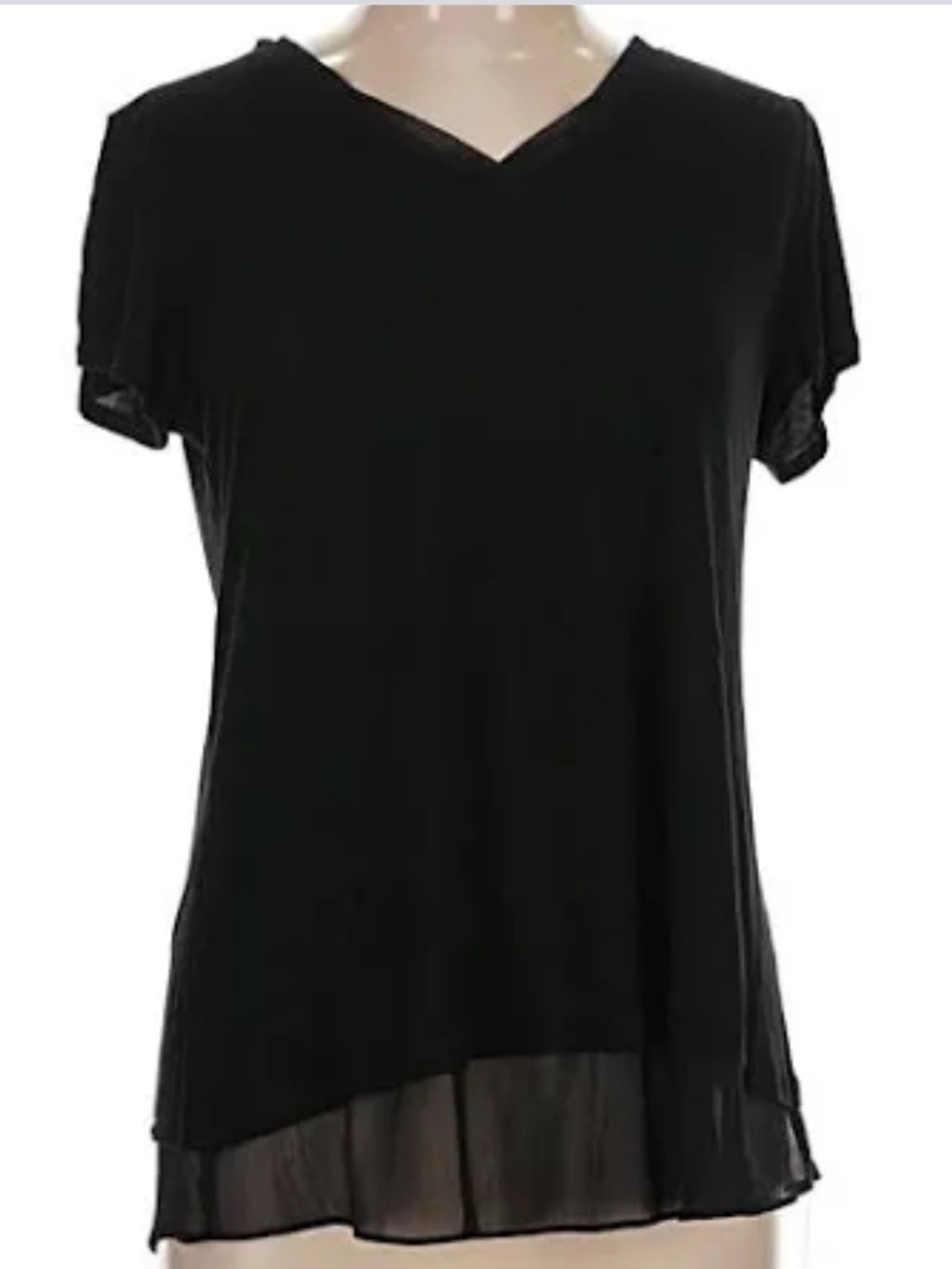 INC International Concepts Black Short-Sleeve V-Neck Blouse with Sheer Hem